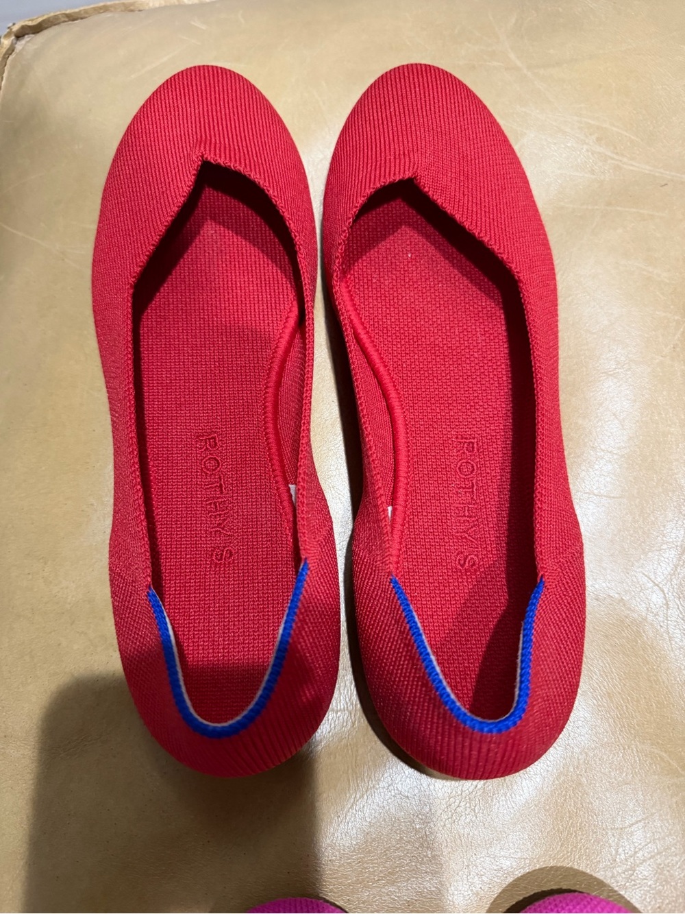 Rothy's Red Ballet Flats with Blue Trim